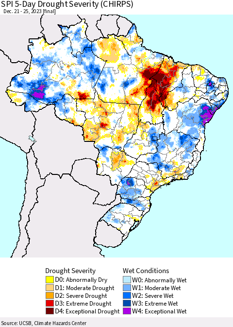 Brazil SPI 5-Day Drought Severity (CHIRPS) Thematic Map For 12/21/2023 - 12/25/2023