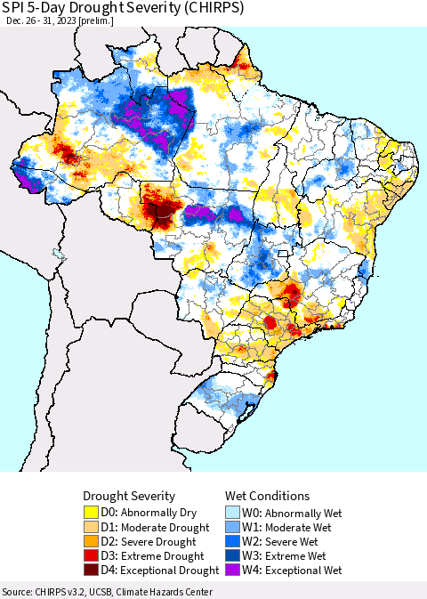 Brazil SPI 5-Day Drought Severity (CHIRPS) Thematic Map For 12/26/2023 - 12/31/2023