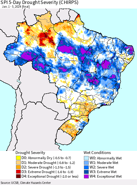 Brazil SPI 5-Day Drought Severity (CHIRPS) Thematic Map For 1/1/2024 - 1/5/2024