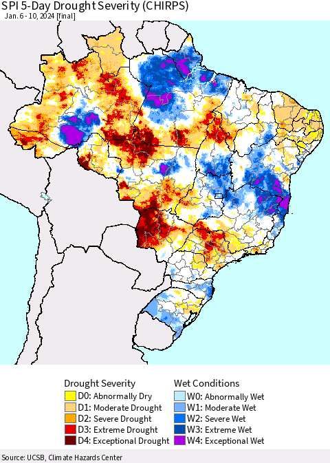 Brazil SPI 5-Day Drought Severity (CHIRPS) Thematic Map For 1/6/2024 - 1/10/2024