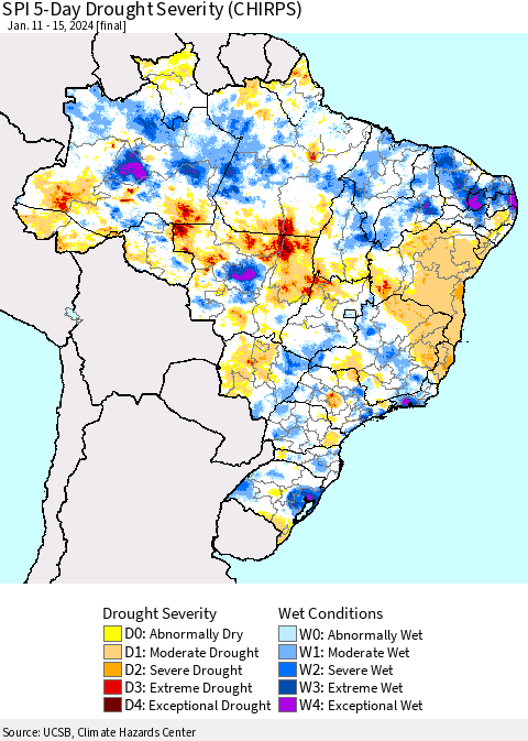 Brazil SPI 5-Day Drought Severity (CHIRPS) Thematic Map For 1/11/2024 - 1/15/2024
