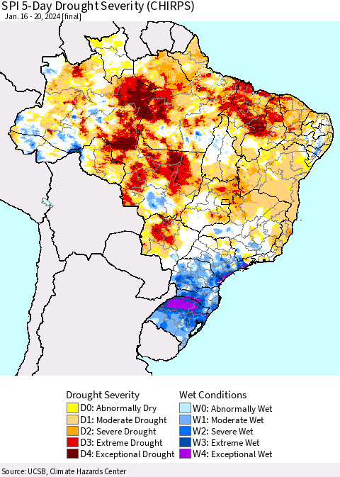 Brazil SPI 5-Day Drought Severity (CHIRPS) Thematic Map For 1/16/2024 - 1/20/2024