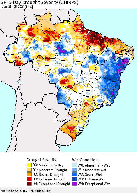 Brazil SPI 5-Day Drought Severity (CHIRPS) Thematic Map For 1/21/2024 - 1/25/2024
