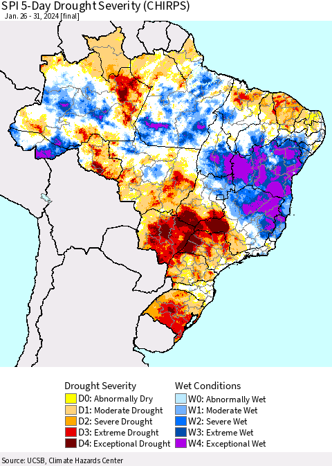Brazil SPI 5-Day Drought Severity (CHIRPS) Thematic Map For 1/26/2024 - 1/31/2024