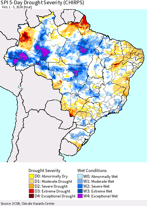 Brazil SPI 5-Day Drought Severity (CHIRPS) Thematic Map For 2/1/2024 - 2/5/2024
