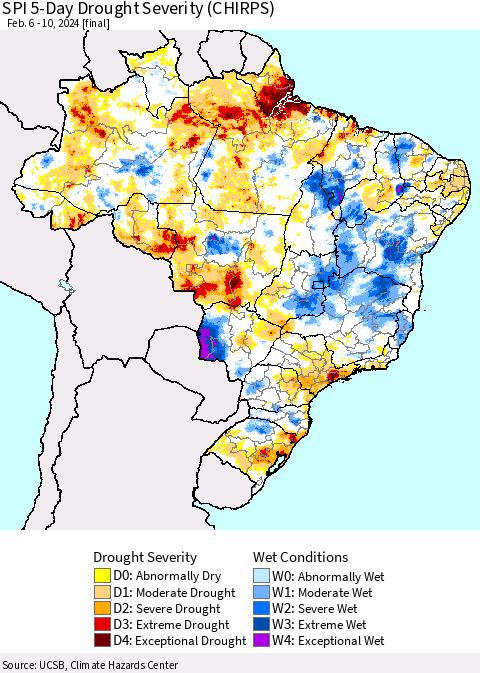 Brazil SPI 5-Day Drought Severity (CHIRPS) Thematic Map For 2/6/2024 - 2/10/2024