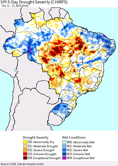 Brazil SPI 5-Day Drought Severity (CHIRPS) Thematic Map For 2/11/2024 - 2/15/2024
