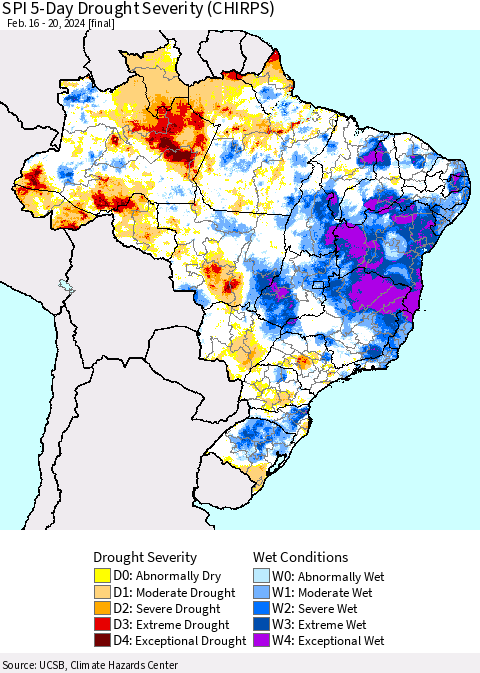 Brazil SPI 5-Day Drought Severity (CHIRPS) Thematic Map For 2/16/2024 - 2/20/2024