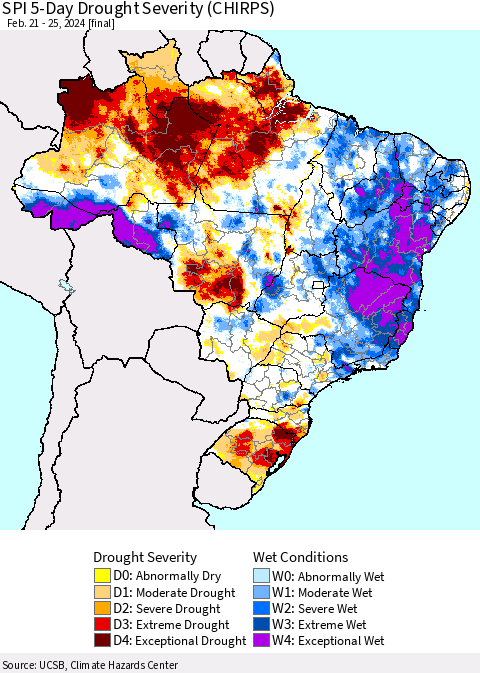 Brazil SPI 5-Day Drought Severity (CHIRPS) Thematic Map For 2/21/2024 - 2/25/2024
