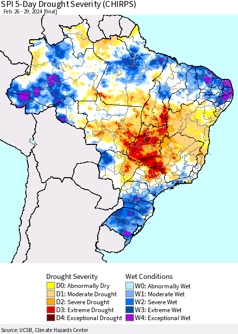 Brazil SPI 5-Day Drought Severity (CHIRPS) Thematic Map For 2/26/2024 - 2/29/2024