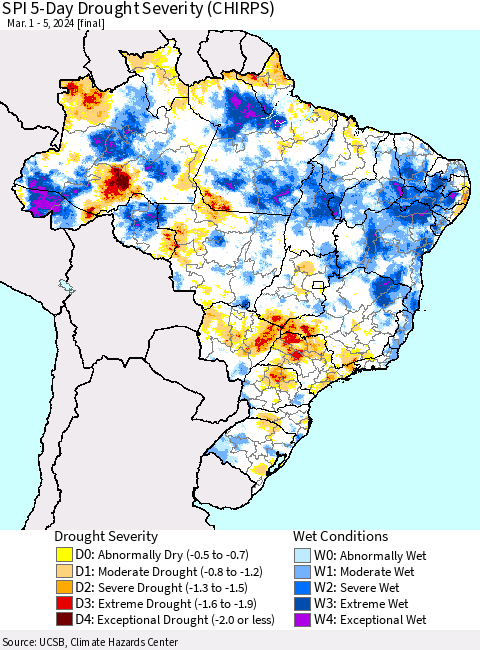 Brazil SPI 5-Day Drought Severity (CHIRPS) Thematic Map For 3/1/2024 - 3/5/2024