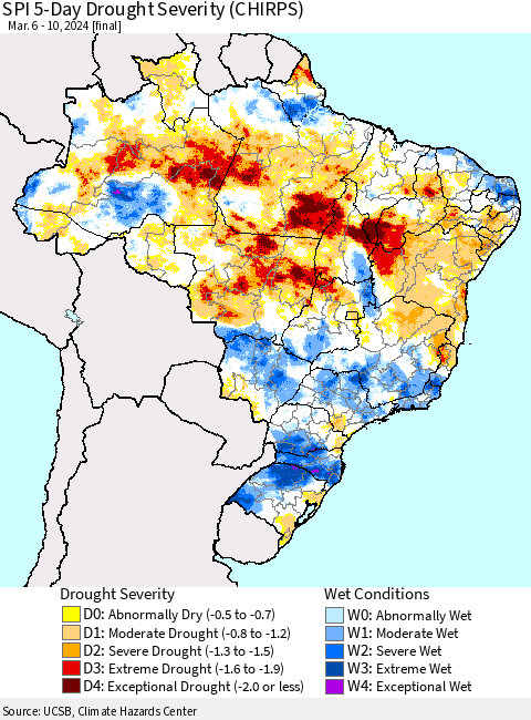 Brazil SPI 5-Day Drought Severity (CHIRPS) Thematic Map For 3/6/2024 - 3/10/2024