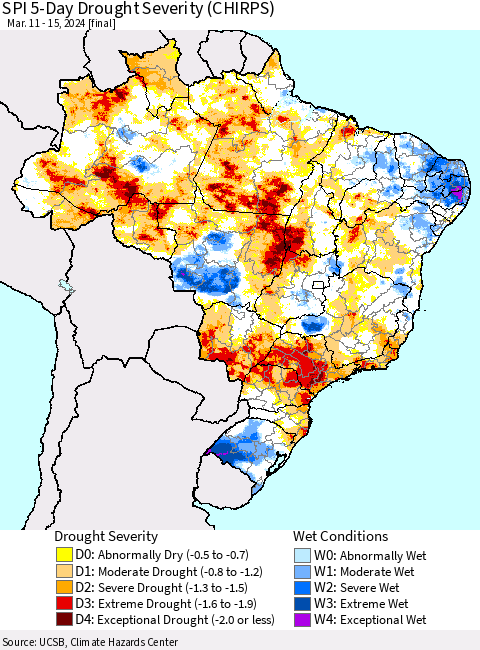 Brazil SPI 5-Day Drought Severity (CHIRPS) Thematic Map For 3/11/2024 - 3/15/2024