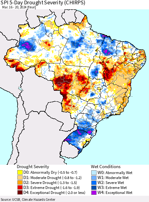Brazil SPI 5-Day Drought Severity (CHIRPS) Thematic Map For 3/16/2024 - 3/20/2024