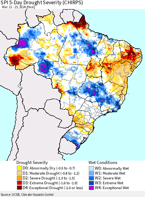 Brazil SPI 5-Day Drought Severity (CHIRPS) Thematic Map For 3/21/2024 - 3/25/2024