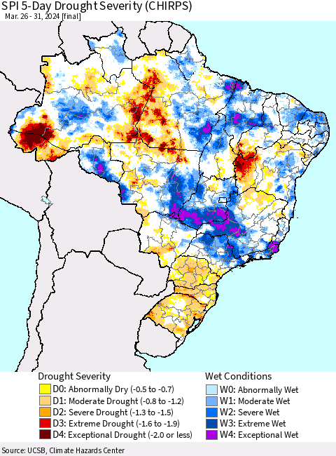 Brazil SPI 5-Day Drought Severity (CHIRPS) Thematic Map For 3/26/2024 - 3/31/2024