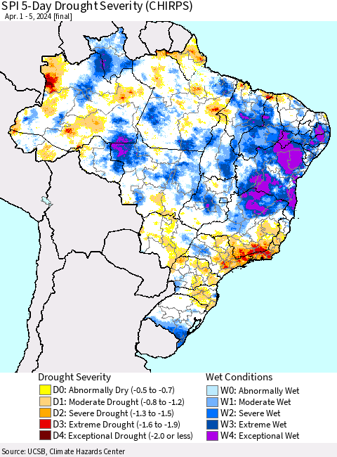 Brazil SPI 5-Day Drought Severity (CHIRPS) Thematic Map For 4/1/2024 - 4/5/2024