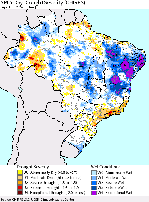 Brazil SPI 5-Day Drought Severity (CHIRPS) Thematic Map For 4/1/2024 - 4/5/2024