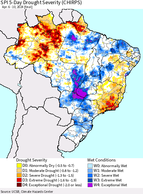 Brazil SPI 5-Day Drought Severity (CHIRPS) Thematic Map For 4/6/2024 - 4/10/2024