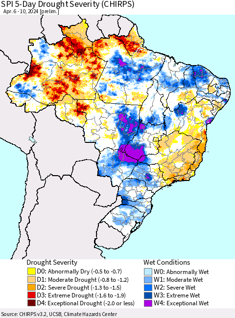Brazil SPI 5-Day Drought Severity (CHIRPS) Thematic Map For 4/6/2024 - 4/10/2024