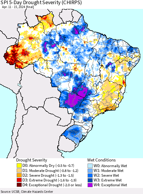 Brazil SPI 5-Day Drought Severity (CHIRPS) Thematic Map For 4/11/2024 - 4/15/2024