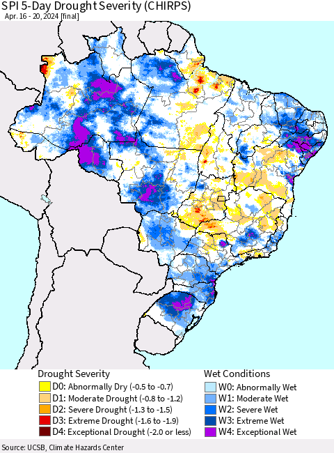 Brazil SPI 5-Day Drought Severity (CHIRPS) Thematic Map For 4/16/2024 - 4/20/2024