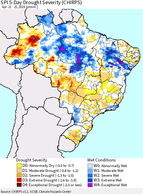 Brazil SPI 5-Day Drought Severity (CHIRPS) Thematic Map For 4/21/2024 - 4/25/2024