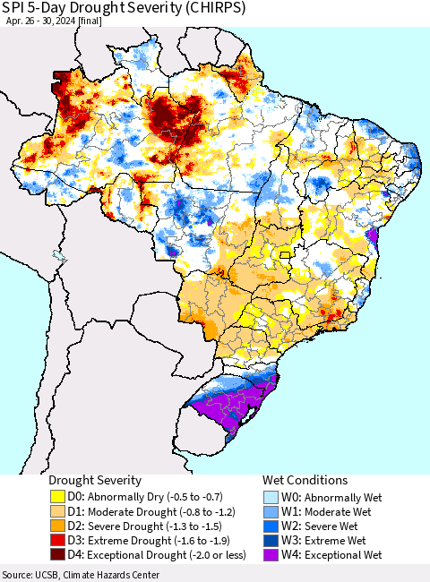 Brazil SPI 5-Day Drought Severity (CHIRPS) Thematic Map For 4/26/2024 - 4/30/2024