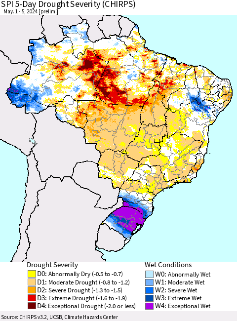 Brazil SPI 5-Day Drought Severity (CHIRPS) Thematic Map For 5/1/2024 - 5/5/2024