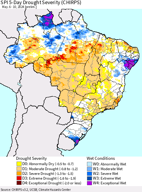 Brazil SPI 5-Day Drought Severity (CHIRPS) Thematic Map For 5/6/2024 - 5/10/2024
