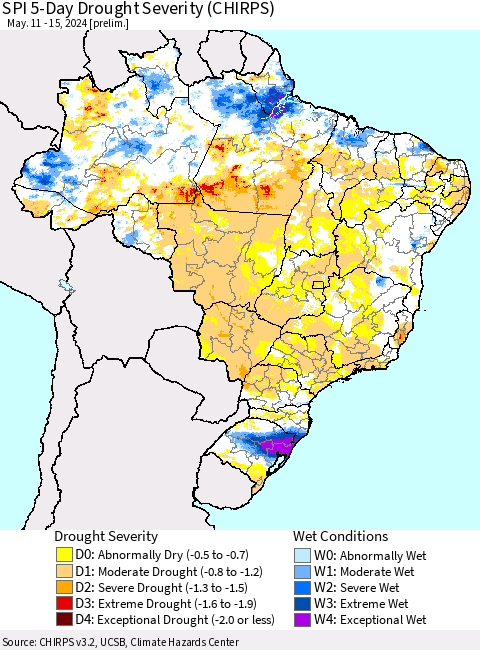 Brazil SPI 5-Day Drought Severity (CHIRPS) Thematic Map For 5/11/2024 - 5/15/2024