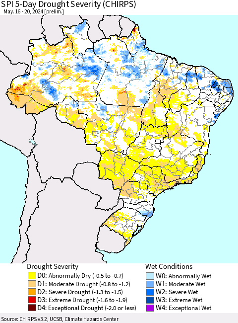 Brazil SPI 5-Day Drought Severity (CHIRPS) Thematic Map For 5/16/2024 - 5/20/2024