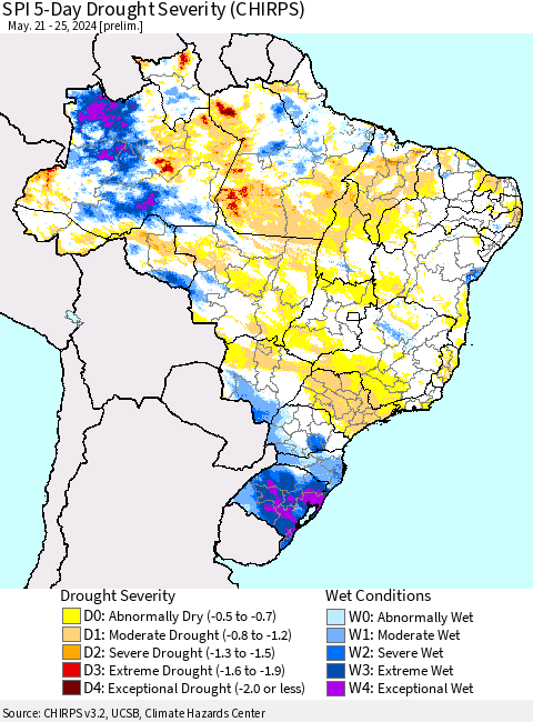 Brazil SPI 5-Day Drought Severity (CHIRPS) Thematic Map For 5/21/2024 - 5/25/2024