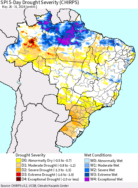 Brazil SPI 5-Day Drought Severity (CHIRPS) Thematic Map For 5/26/2024 - 5/31/2024