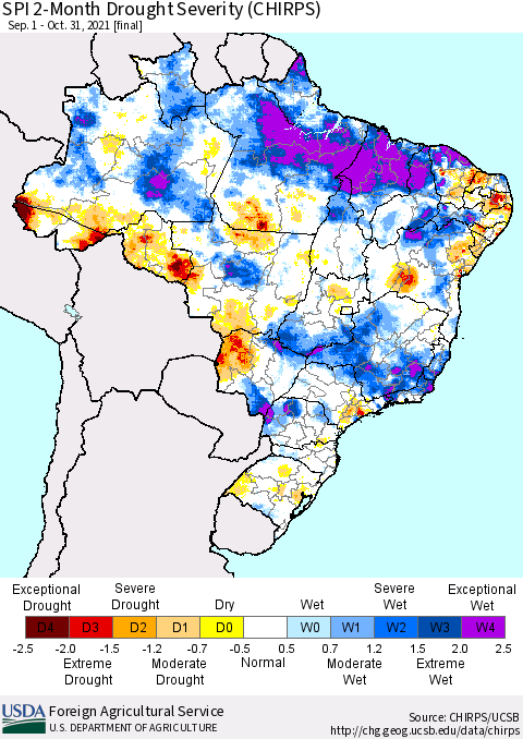 Brazil SPI 2-Month Drought Severity (CHIRPS) Thematic Map For 9/1/2021 - 10/31/2021