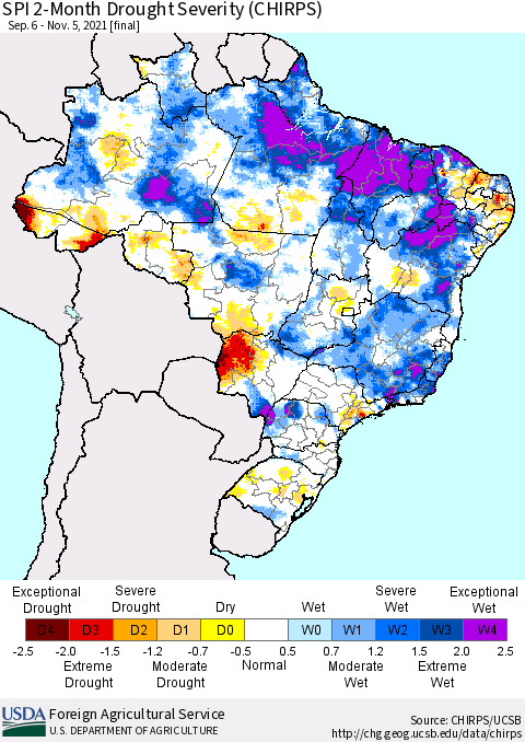 Brazil SPI 2-Month Drought Severity (CHIRPS) Thematic Map For 9/6/2021 - 11/5/2021