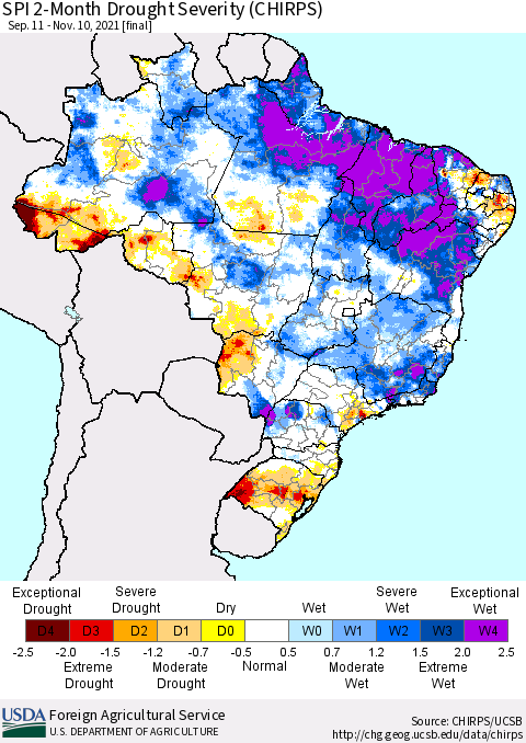 Brazil SPI 2-Month Drought Severity (CHIRPS) Thematic Map For 9/11/2021 - 11/10/2021