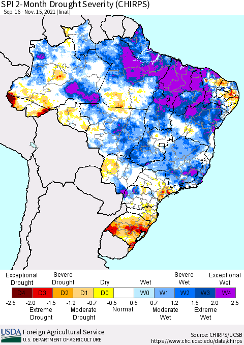 Brazil SPI 2-Month Drought Severity (CHIRPS) Thematic Map For 9/16/2021 - 11/15/2021