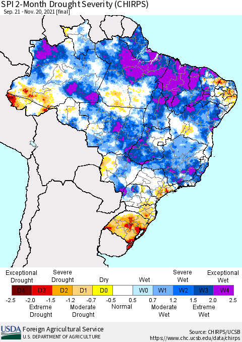 Brazil SPI 2-Month Drought Severity (CHIRPS) Thematic Map For 9/21/2021 - 11/20/2021