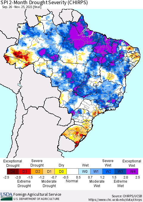 Brazil SPI 2-Month Drought Severity (CHIRPS) Thematic Map For 9/26/2021 - 11/25/2021