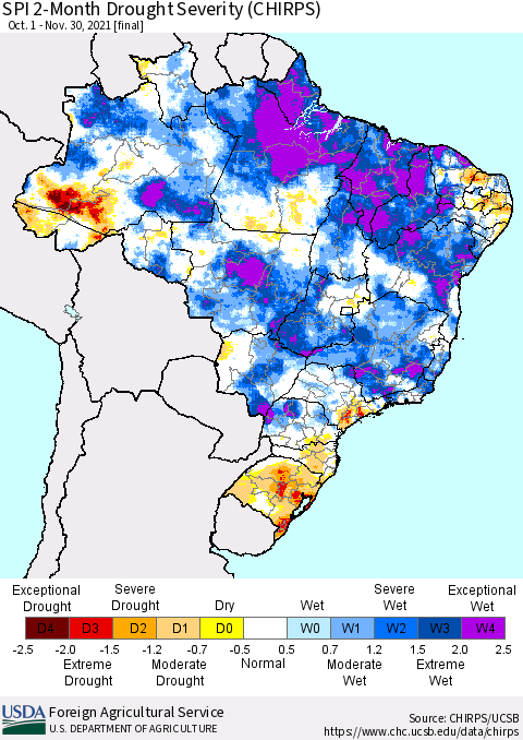 Brazil SPI 2-Month Drought Severity (CHIRPS) Thematic Map For 10/1/2021 - 11/30/2021