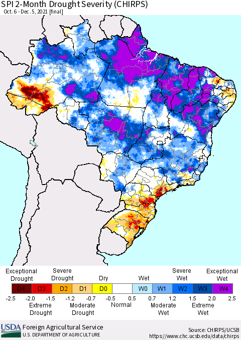 Brazil SPI 2-Month Drought Severity (CHIRPS) Thematic Map For 10/6/2021 - 12/5/2021