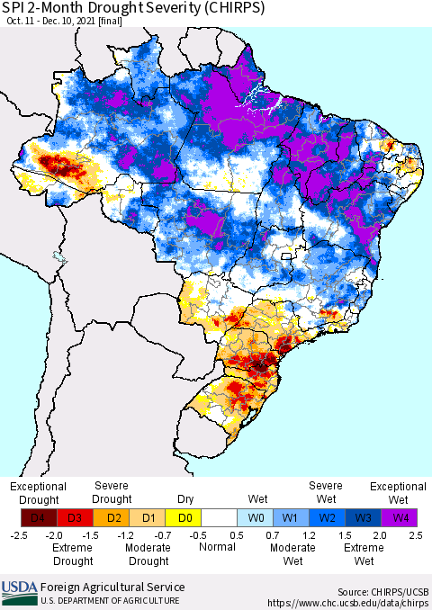 Brazil SPI 2-Month Drought Severity (CHIRPS) Thematic Map For 10/11/2021 - 12/10/2021