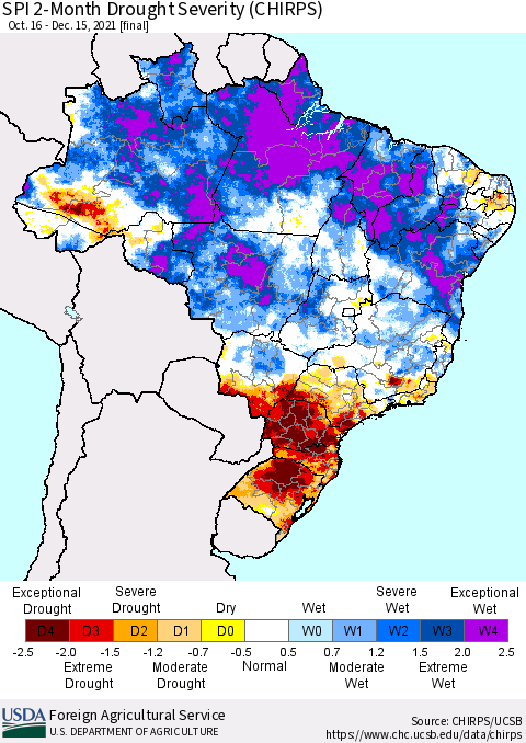 Brazil SPI 2-Month Drought Severity (CHIRPS) Thematic Map For 10/16/2021 - 12/15/2021
