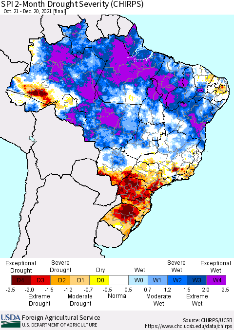 Brazil SPI 2-Month Drought Severity (CHIRPS) Thematic Map For 10/21/2021 - 12/20/2021