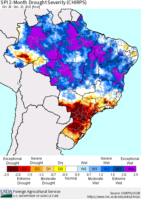 Brazil SPI 2-Month Drought Severity (CHIRPS) Thematic Map For 10/26/2021 - 12/25/2021
