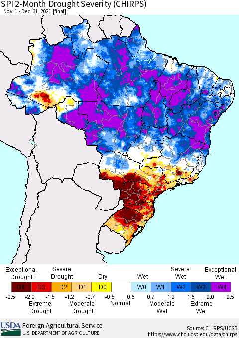 Brazil SPI 2-Month Drought Severity (CHIRPS) Thematic Map For 11/1/2021 - 12/31/2021