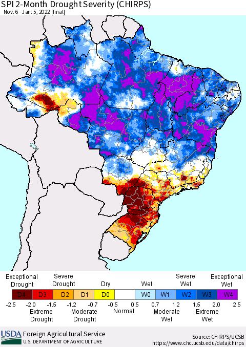 Brazil SPI 2-Month Drought Severity (CHIRPS) Thematic Map For 11/6/2021 - 1/5/2022