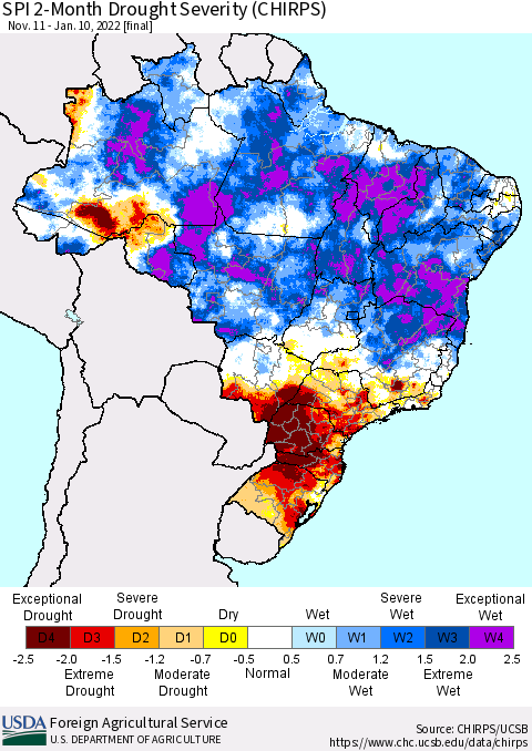 Brazil SPI 2-Month Drought Severity (CHIRPS) Thematic Map For 11/11/2021 - 1/10/2022