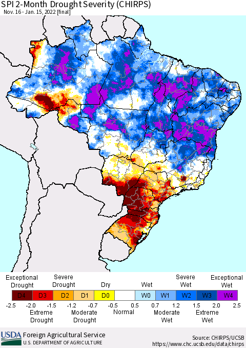 Brazil SPI 2-Month Drought Severity (CHIRPS) Thematic Map For 11/16/2021 - 1/15/2022